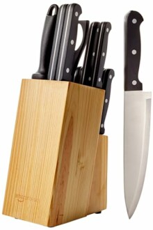 Amazon Basics 14-Piece Kitchen Knife Set with High-Carbon Stainless-Steel Blades and Pine Wood Block, Black