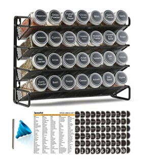 SpaceAid Spice Rack Organizer with 28 Spice Jars, 386 Spice Labels, Chalk Marker and Funnel Set for Cabinet, Countertop, Pantry, Cupboard or Door & Wall Mount - 28 Jars, 13.4" W × 10.8" H, Black